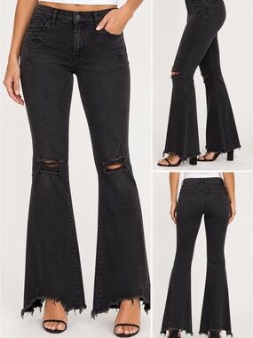 Flying Monkey Black Distressed Flare Jeans raw hem size 30